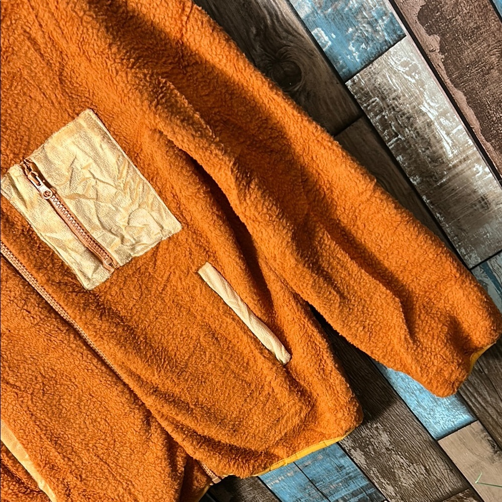 Orange Fleece fuzzy zip Jacket with Pockets - Picture 5 of 16